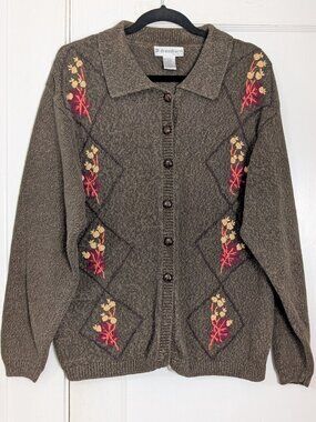 Dress Barn Brown Knit Sweater Fall Leaves Cardigan Cottagecore Embroidered 14/16